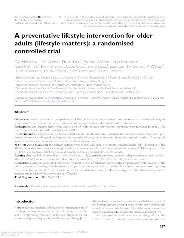 A preventative lifestyle intervention for older adults (lifestyle matters): a randomised controlled trial Thumbnail