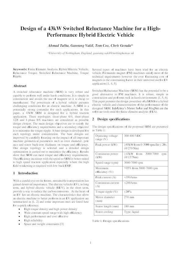 Design of a 43kW switched reluctance machine for a high performance hybrid electric vehicle Thumbnail