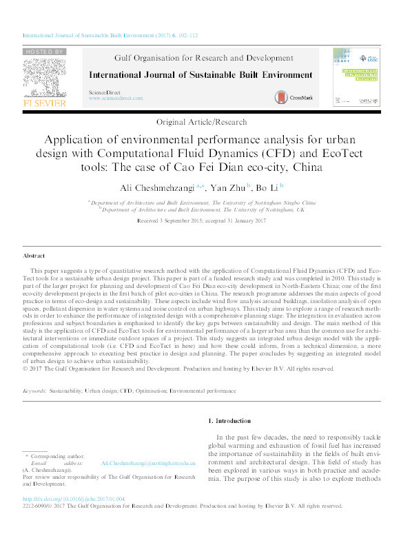 Application of environmental performance analysis for urban design with Computational Fluid Dynamics (CFD) and EcoTect tools: the case of Cao Fei Dian eco-city, China Thumbnail