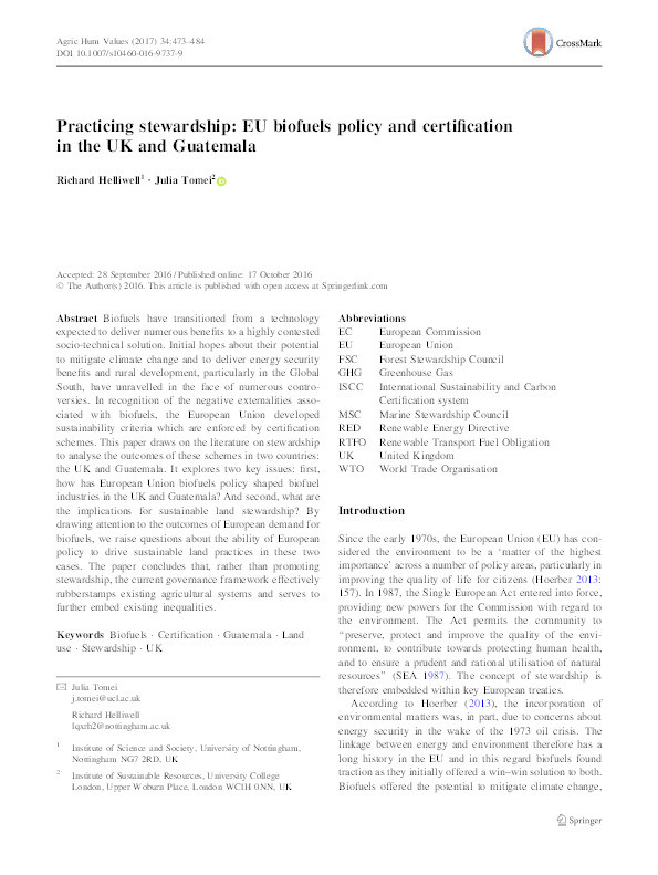 Practicing stewardship: EU biofuels policy and certification in the UK and Guatemala Thumbnail