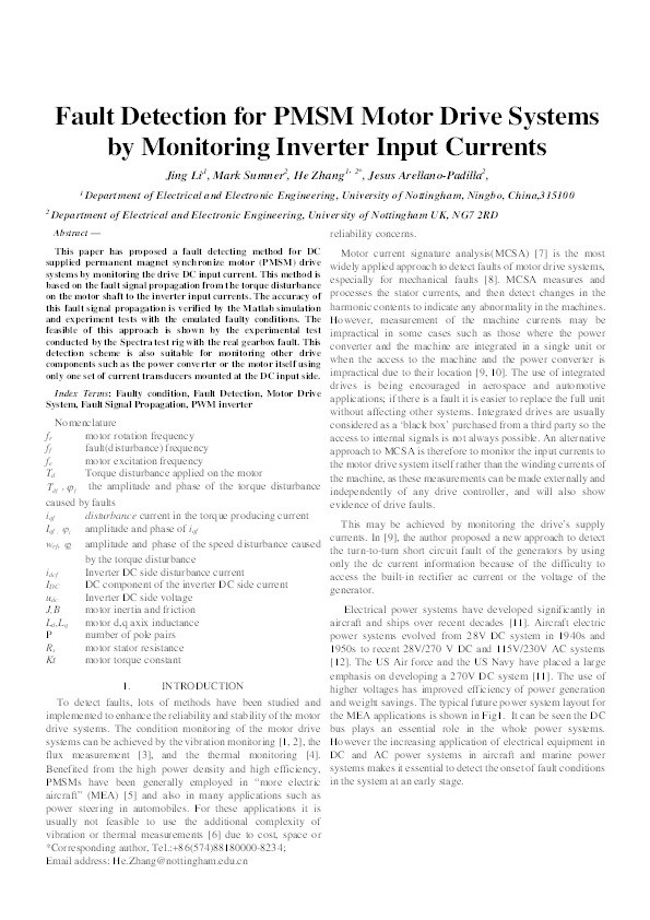 Fault detection for PMSM motor drive systems by monitoring inverter input currents Thumbnail