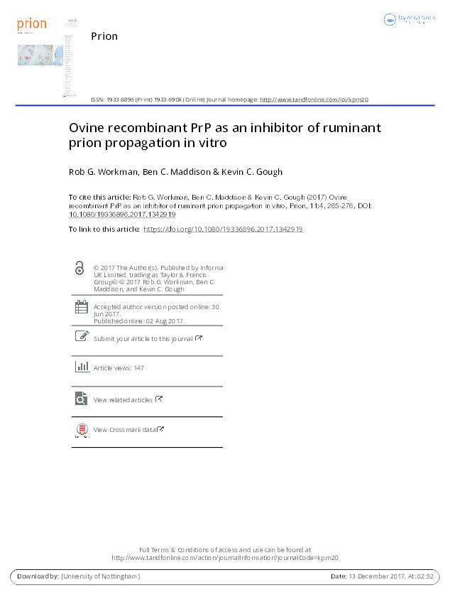 Ovine recombinant PrP as an inhibitor of ruminant prion propagation in vitro Thumbnail