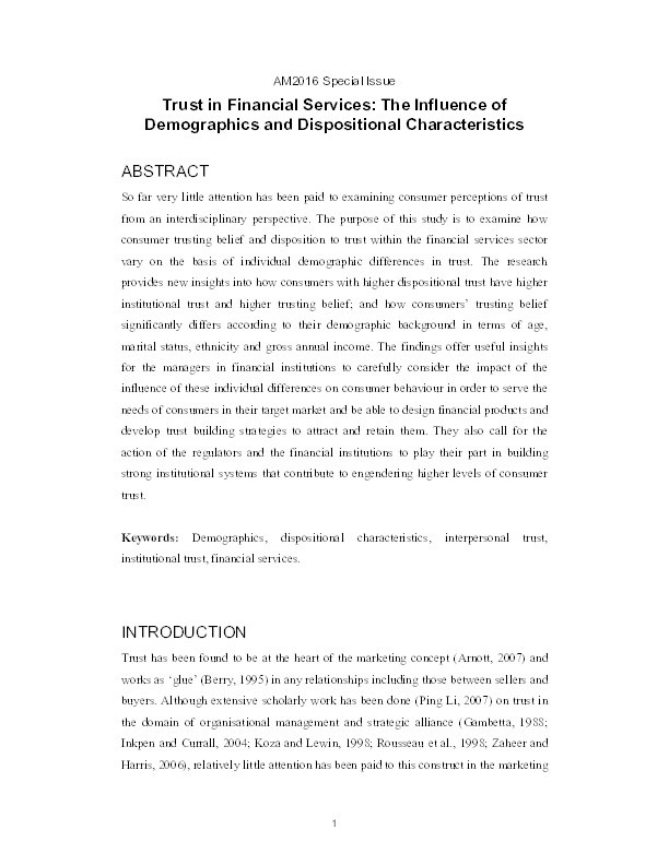 Trust in financial services: the influence of demographics and dispositional characteristics Thumbnail