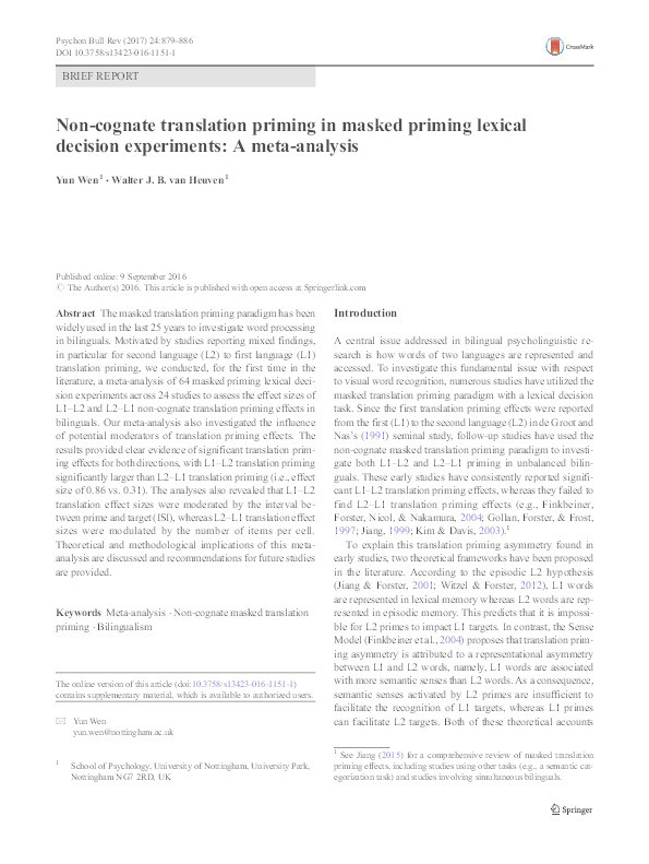 Non-cognate translation priming in masked priming lexical decision experiments: a meta-analysis Thumbnail
