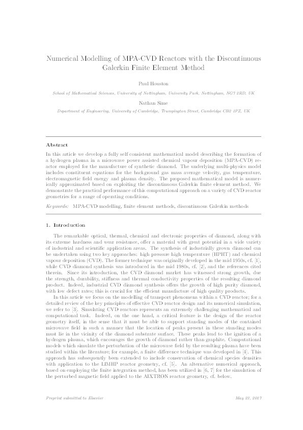 Numerical modelling of MPA-CVD reactors with the discontinuous Galerkin finite element method Thumbnail