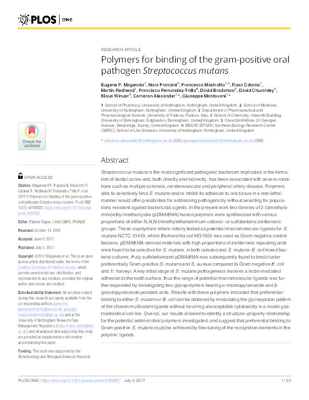 Polymers for binding of the gram-positive oral pathogen Streptococcus mutans Thumbnail