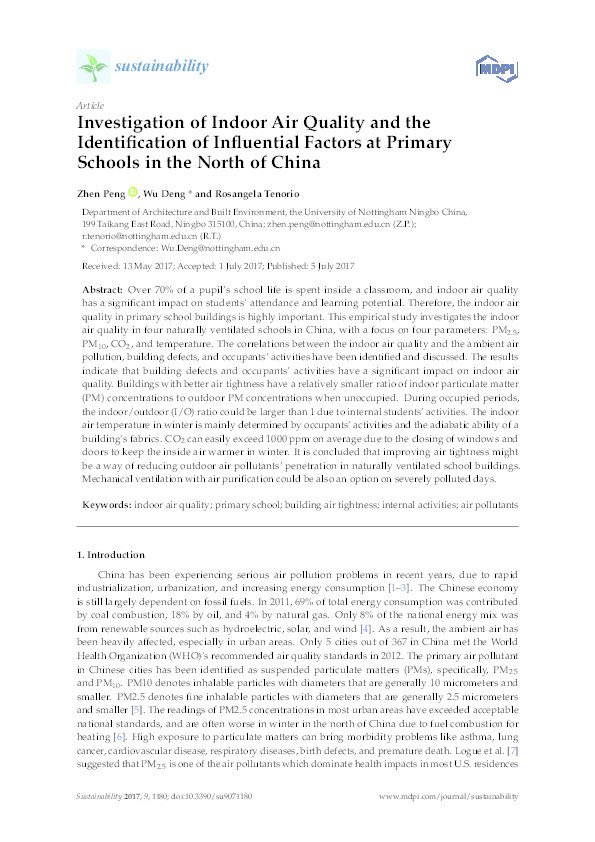 Investigation of indoor air qality and the identification of influential factors at primary schools in the North of China Thumbnail