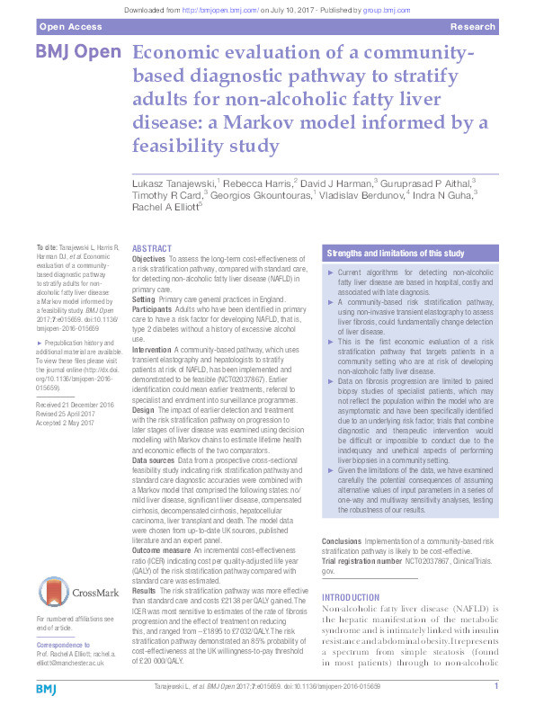 Economic evaluation of a community-based diagnostic pathway to stratify adults for non-alcoholic fatty liver disease: a Markov model informed by a feasibility study Thumbnail