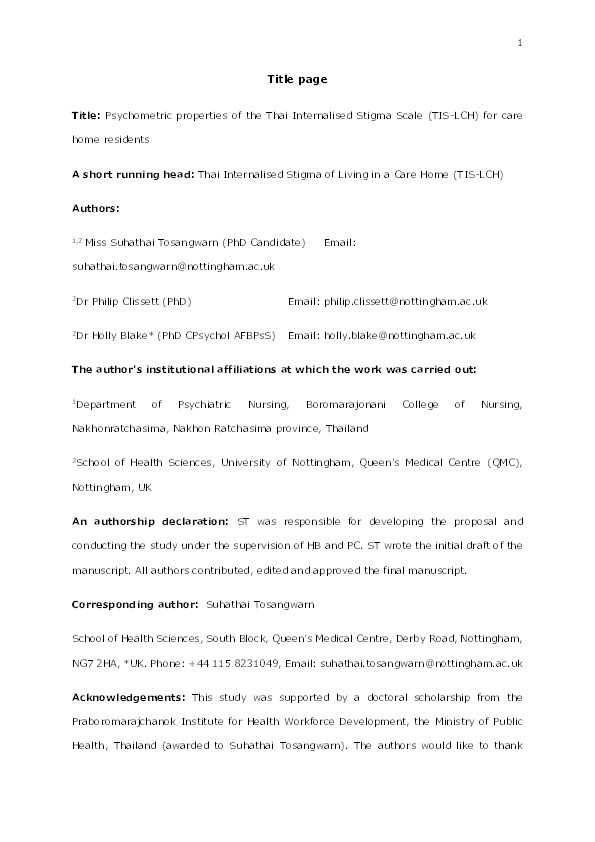 Psychometric properties of the Thai Internalised Stigma Scale (TIS-LCH) for care home residents Thumbnail