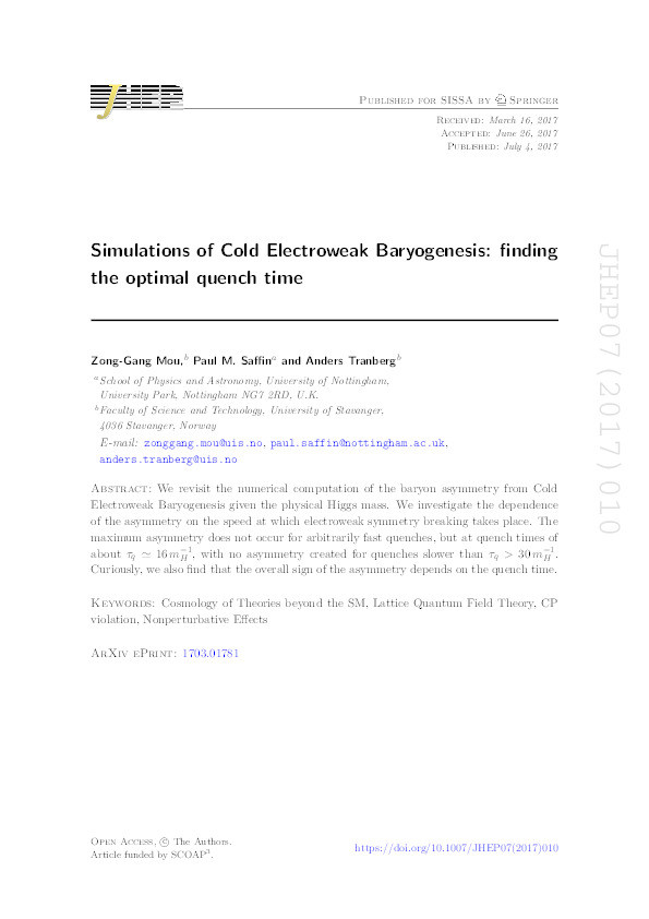 Simulations of Cold Electroweak Baryogenesis: finding the optimal quench time Thumbnail