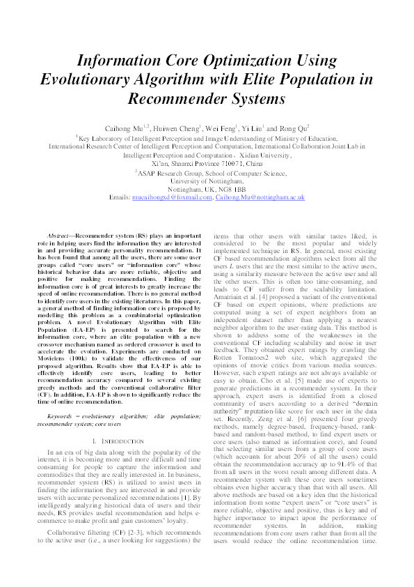 Information core optimization using Evolutionary Algorithm with Elite Population in recommender systems Thumbnail