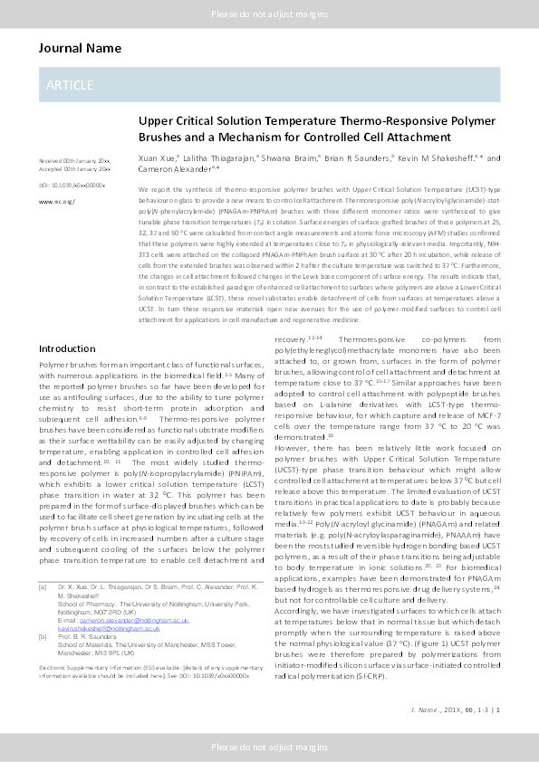 Upper critical solution temperature thermo-responsive polymer brushes and a mechanism for controlled cell attachment Thumbnail