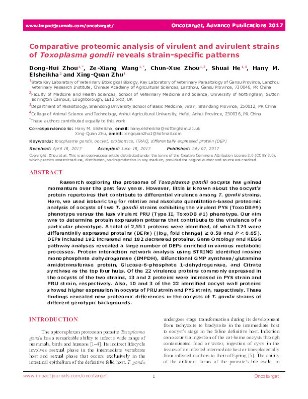 Comparative proteomic analysis of virulent and avirulent strains of Toxoplasma gondii reveals strain-specific patterns Thumbnail