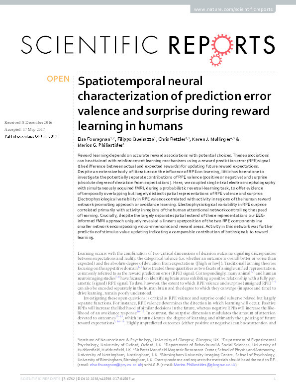 Spatiotemporal neural characterization of prediction error valence and surprise during reward learning in humans Thumbnail