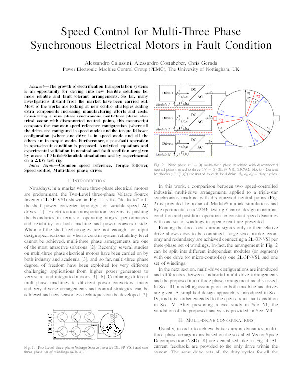 Speed control for multi-three phase synchronous electrical motors in fault condition Thumbnail