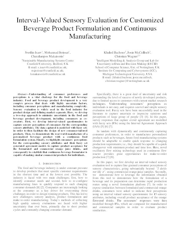 Interval-valued sensory evaluation for customized beverage product formulation and continuous manufacturing Thumbnail