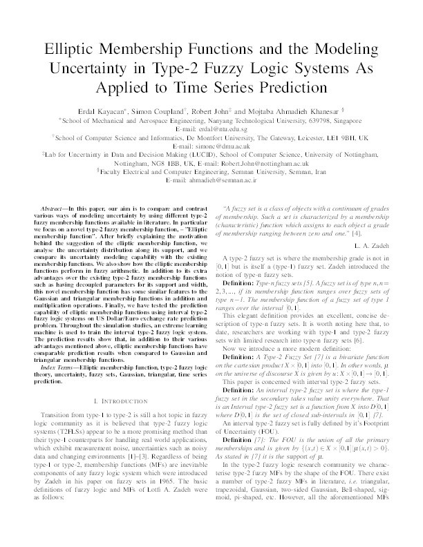 Elliptic membership functions and the modeling uncertainty in type-2 fuzzy logic systems as applied to time series prediction Thumbnail