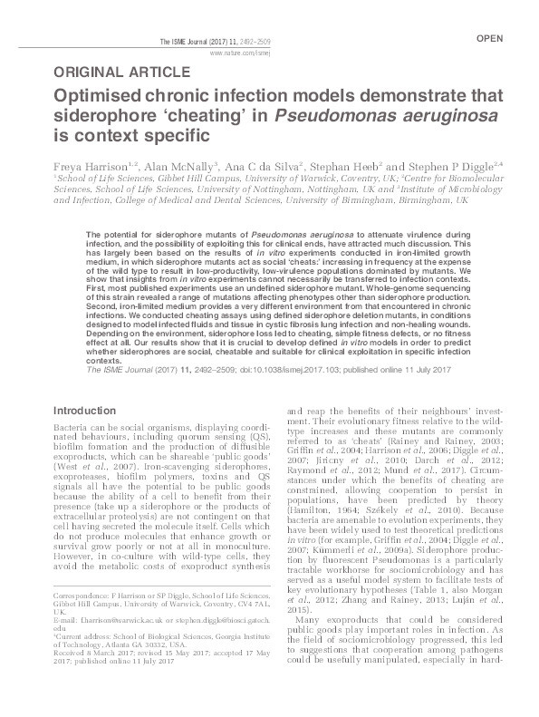 Optimised chronic infection models demonstrate that siderophore 'cheating' in Pseudomonas aeruginosa is context specific Thumbnail