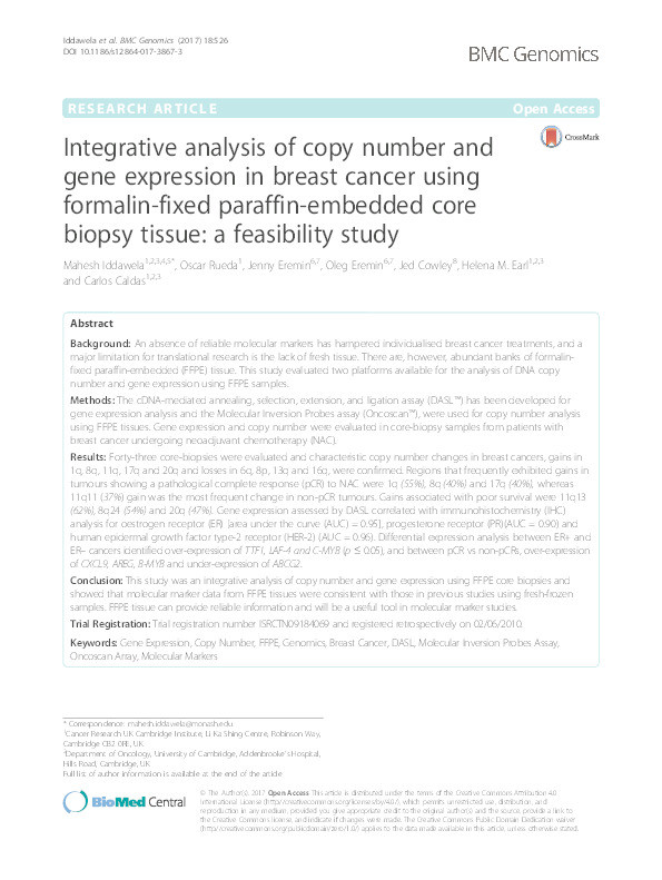 Integrative analysis of copy number and gene expression in breast cancer using formalin-fixed paraffin-embedded core biopsy tissue: a feasibility study Thumbnail