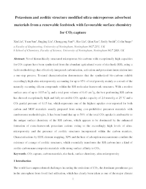 Potassium and Zeolitic Structure Modified Ultra-microporous Adsorbent Materials from a Renewable Feedstock with Favorable Surface Chemistry for CO2 Capture Thumbnail