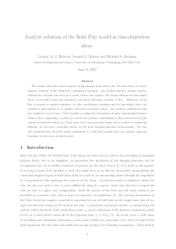 Analytic solutions of the Rolie Poly model in time-dependent shear Thumbnail