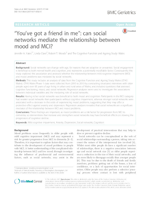 "You've got a friend in me": can social networks mediate the relationship between mood and MCI? Thumbnail
