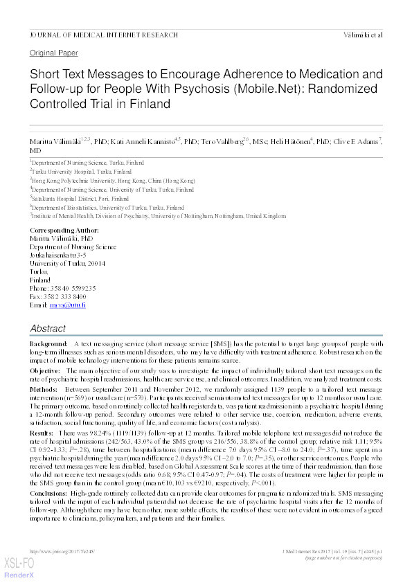 Short text messages to encourage adherence to medication and follow-up for people with psychosis (Mobile.Net): randomized controlled trial in Finland Thumbnail