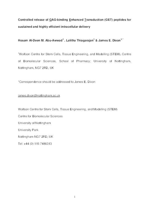 Controlled release of G AG-binding e nhanced t ransduction (GET) peptides for sustained and highly efficient intracellular delivery Thumbnail