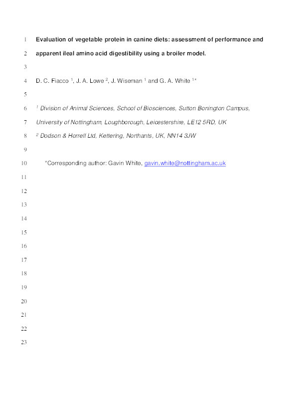 Evaluation of vegetable protein in canine diets: assessment of performance and apparent ileal amino acid digestibility using a broiler model Thumbnail