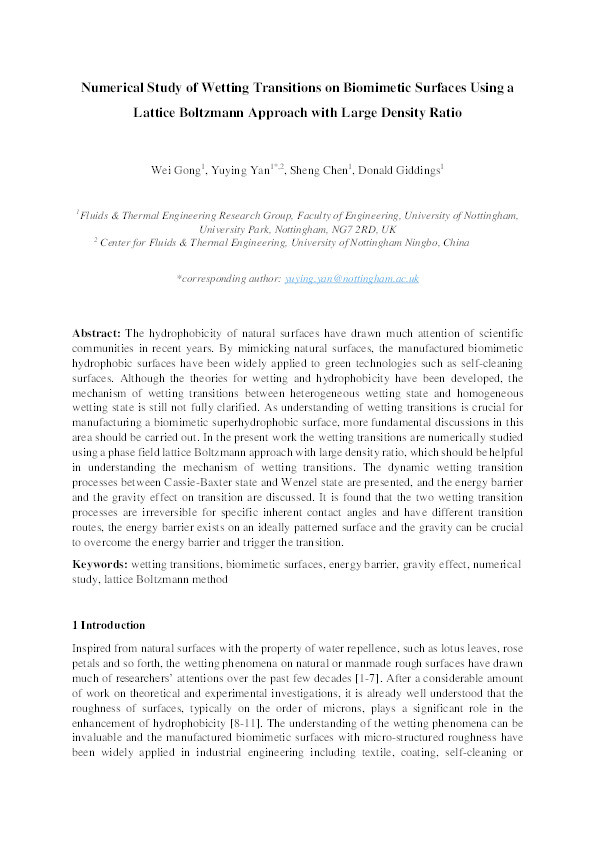 Numerical study of wetting transitions on biomimetic surfaces using a lattice Boltzmann approach with large density ratio Thumbnail