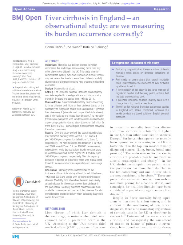 Liver cirrhosis in England--an observational study: are we measuring its burden occurrence correctly? Thumbnail