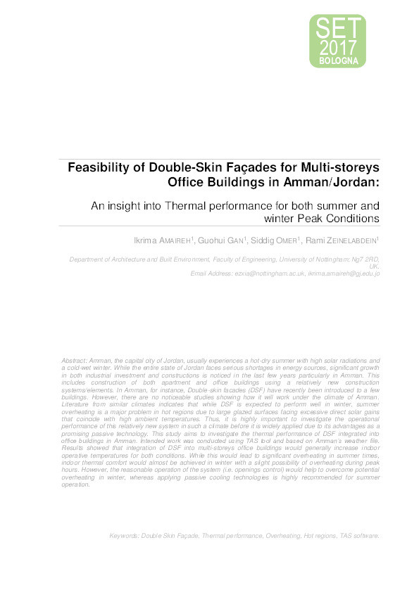 Feasibility of double-skin façades for multi-storeys office buildings in Amman/Jordan: an insight into thermal performance for both summer and winter peak conditions Thumbnail