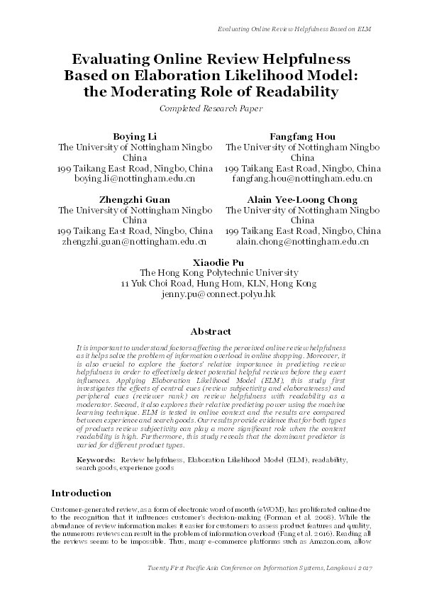 Evaluating online review helpfulness based on Elaboration Likelihood Model: the moderating role of readability Thumbnail