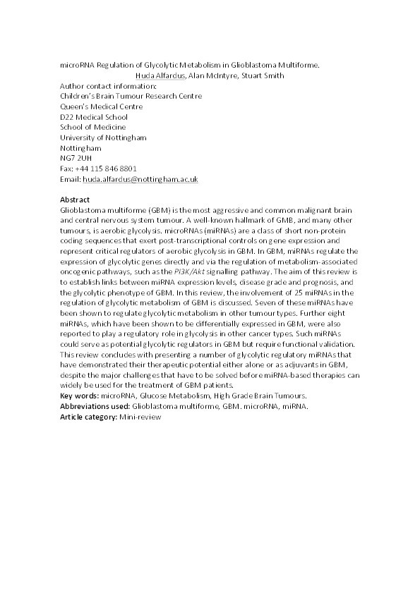 MicroRNA regulation of glycolytic metabolism in glioblastoma multiforme Thumbnail