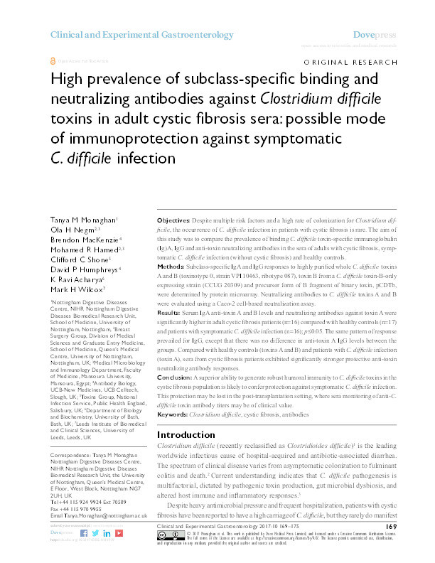 High prevalence of subclass-specific binding and neutralizing antibodies against Clostridium difficile toxins in adult cystic fibrosis sera: possible mode of immunoprotection against symptomatic C. difficile infection Thumbnail