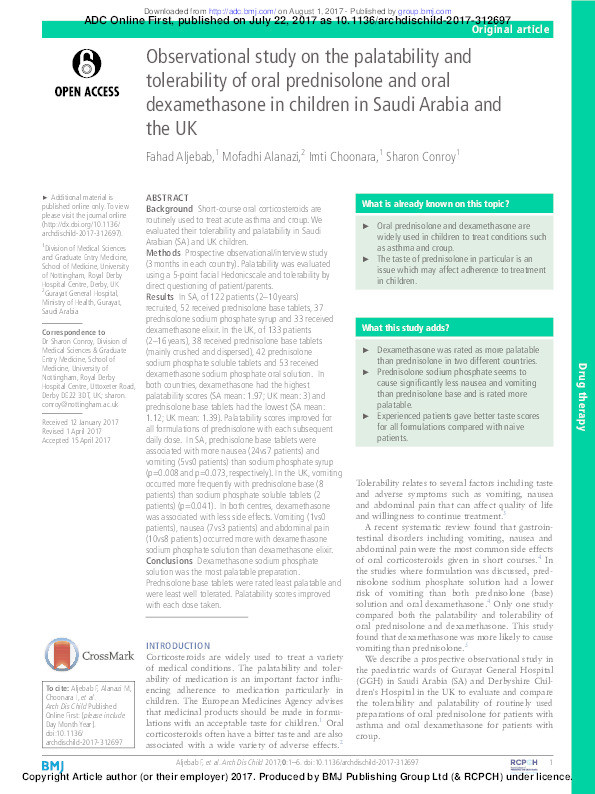 Observational study on the palatability and tolerability of oral prednisolone and oral dexamethasone in children in Saudi Arabia and the UK Thumbnail