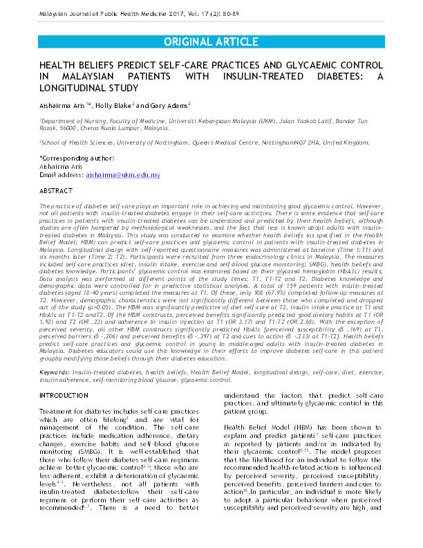 Health beliefs predict self-care practices and glycaemic control in Malaysian patients with insulin-treated diabetes: a longtitudal study Thumbnail