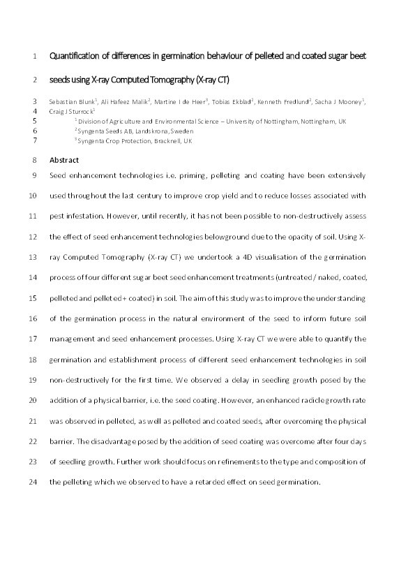 Quantification of differences in germination behaviour of pelleted and coated sugar beet seeds using X-ray Computed Tomography (X-ray CT) Thumbnail