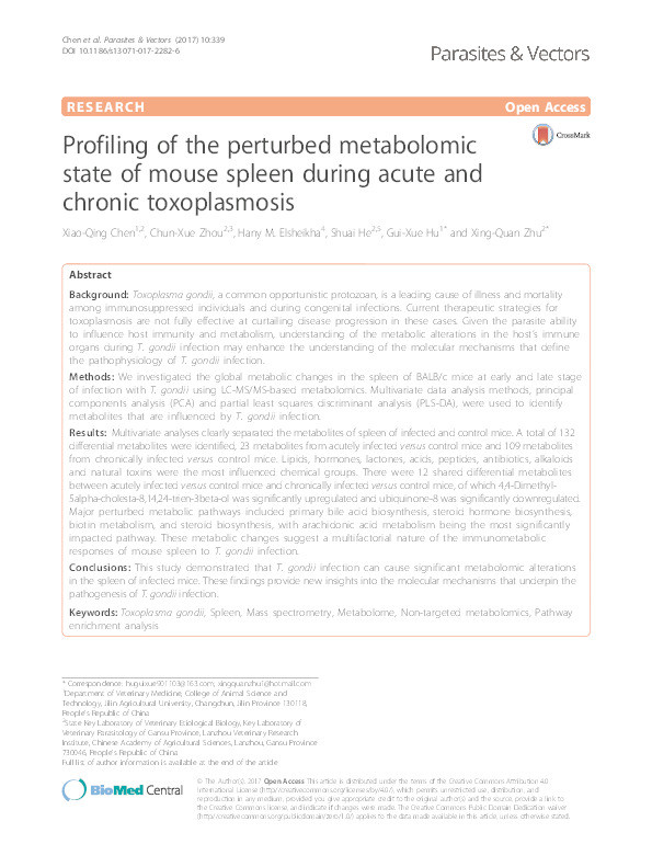 Profiling of the perturbed metabolomic state of mouse spleen during acute and chronic toxoplasmosis Thumbnail