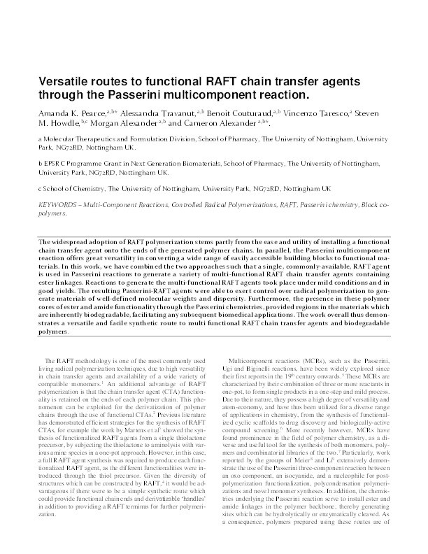 Versatile routes to functional RAFT chain transfer agents through the Passerini multicomponent reaction Thumbnail