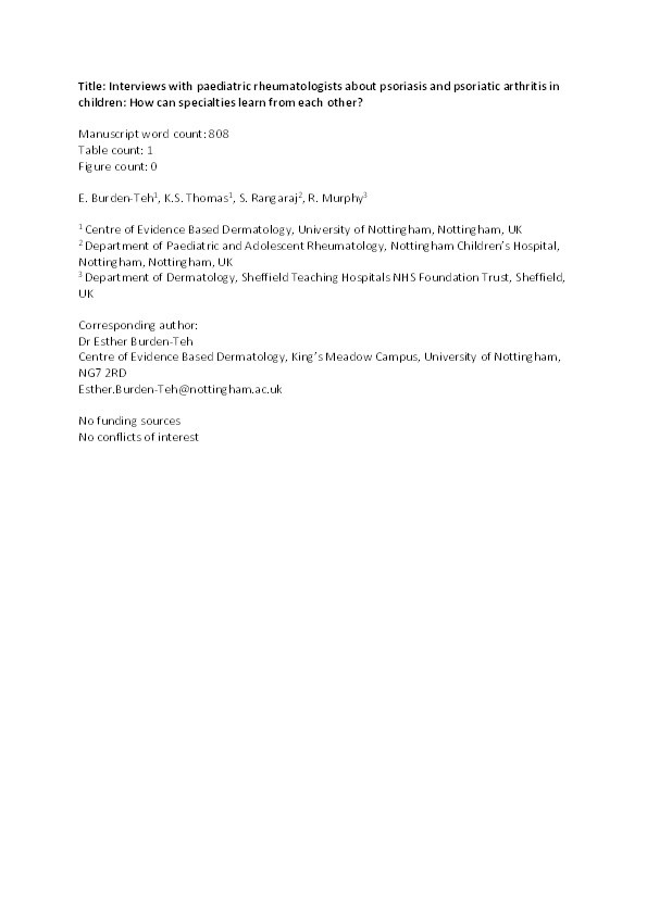 Interviews with paediatric rheumatologists about psoriasis and psoriatic arthritis in children: how can specialties learn from each other? Thumbnail