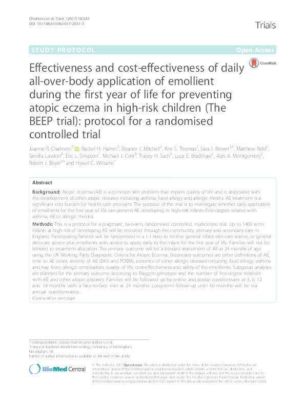 Effectiveness and cost effectiveness of daily all over body  application of emollient during the first year of life for preventing atopic eczema in high risk children (The BEEP trial): protocol for a randomised controlled trial Thumbnail