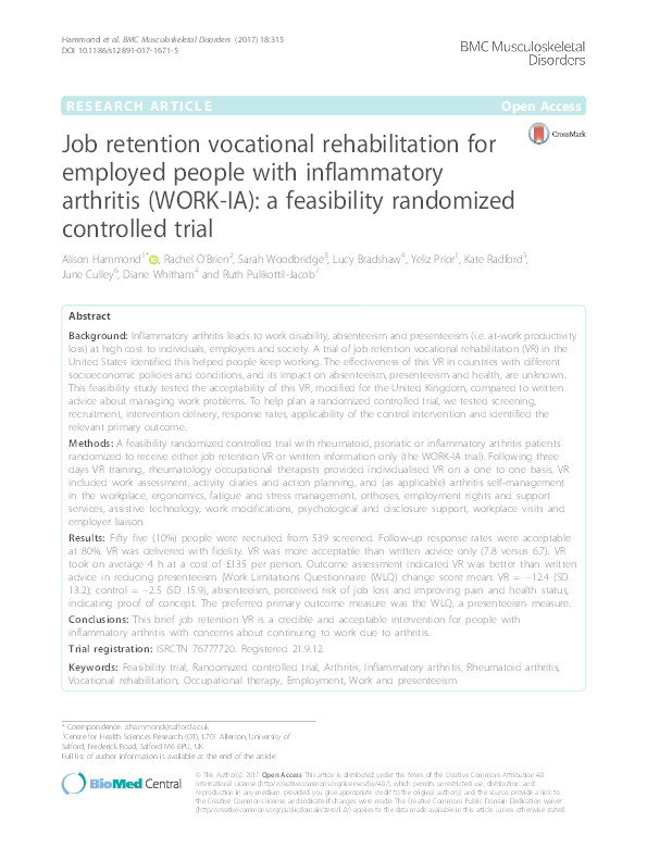 Job retention vocational rehabilitation for employed people with inflammatory arthritis (WORK-IA): a feasibility randomized controlled trial Thumbnail