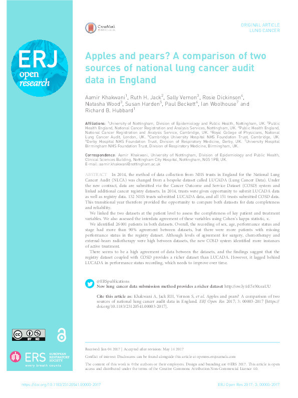 Apples and pears? A comparison of two sources of national lung cancer audit data in England Thumbnail