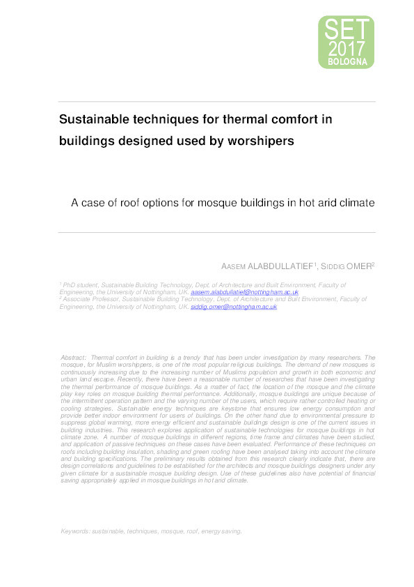 Sustainable techniques for thermal comfort in buildings designed used by worshipers Thumbnail