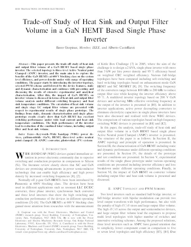 Trade-off study of heat sink and output filter volume in a GaN HEMT based single phase inverter Thumbnail