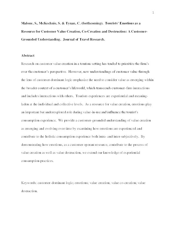 Tourists’ Emotions as a Resource for Customer Value Creation, Cocreation, and Destruction: A Customer-Grounded Understanding Thumbnail