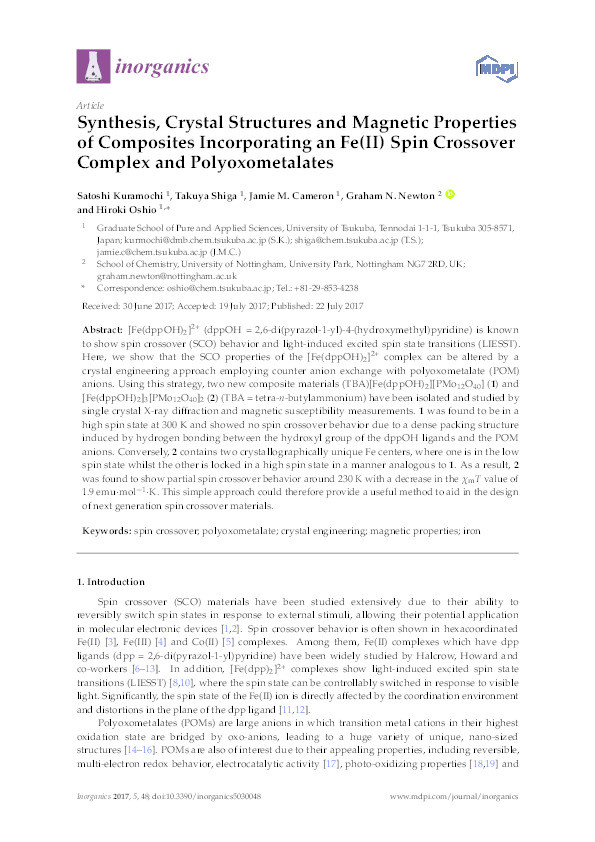 Synthesis, crystal structures and magnetic properties of composites incorporating an Fe(II) spin crossover complex and polyoxometalates Thumbnail