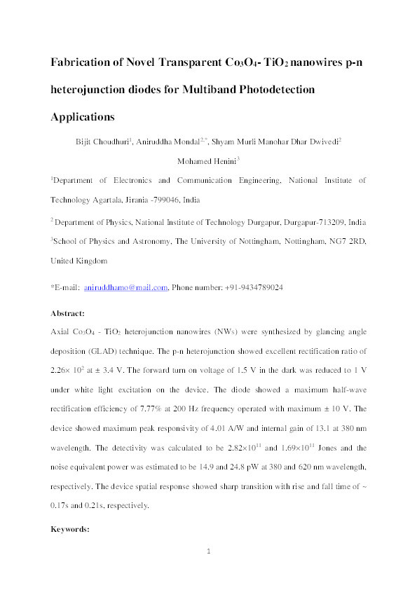 Fabrication of novel transparent Co3O4-TiO2 nanowires p-n heterojunction diodes for multiband photodetection applications Thumbnail