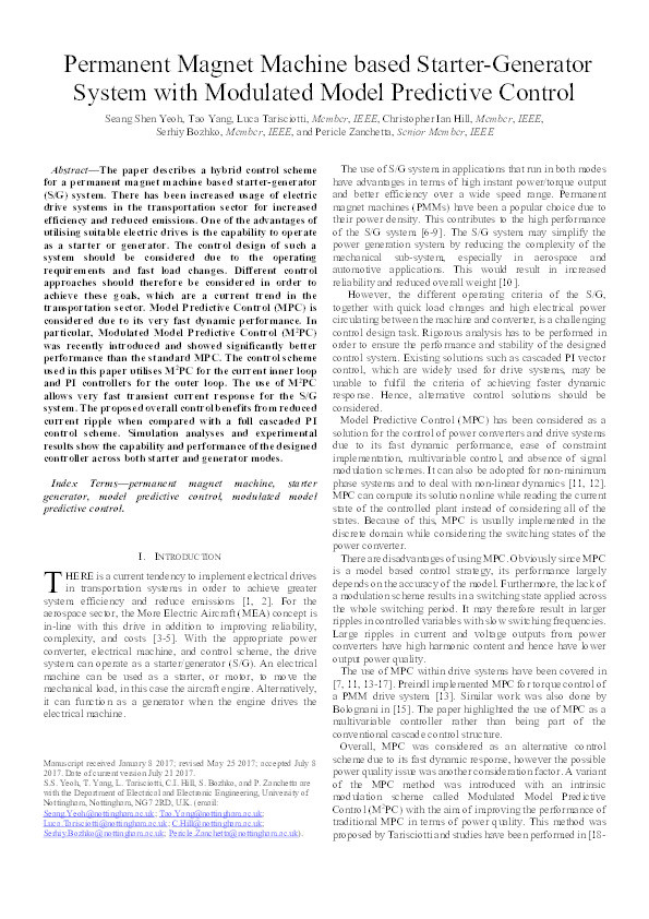 Permanent magnet machine based starter-generator system with modulated model predictive control Thumbnail